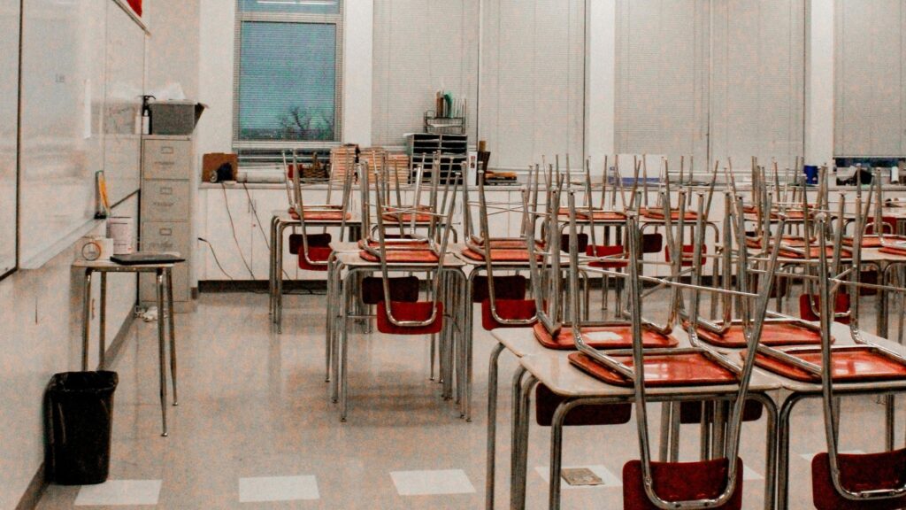 Empty classroom depicting effects of staffing transitions; SoundEd therapy